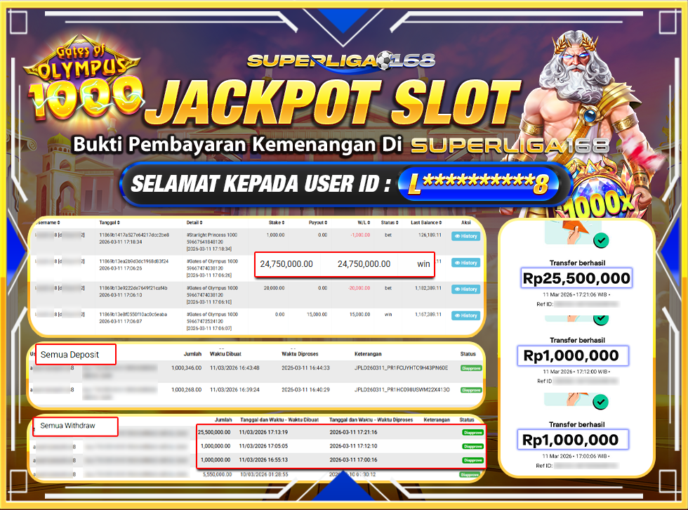 SUPERLIGA168 JACKPOT GATES OF OLYMPUS 1000 Rp.27,500,000LUNAS